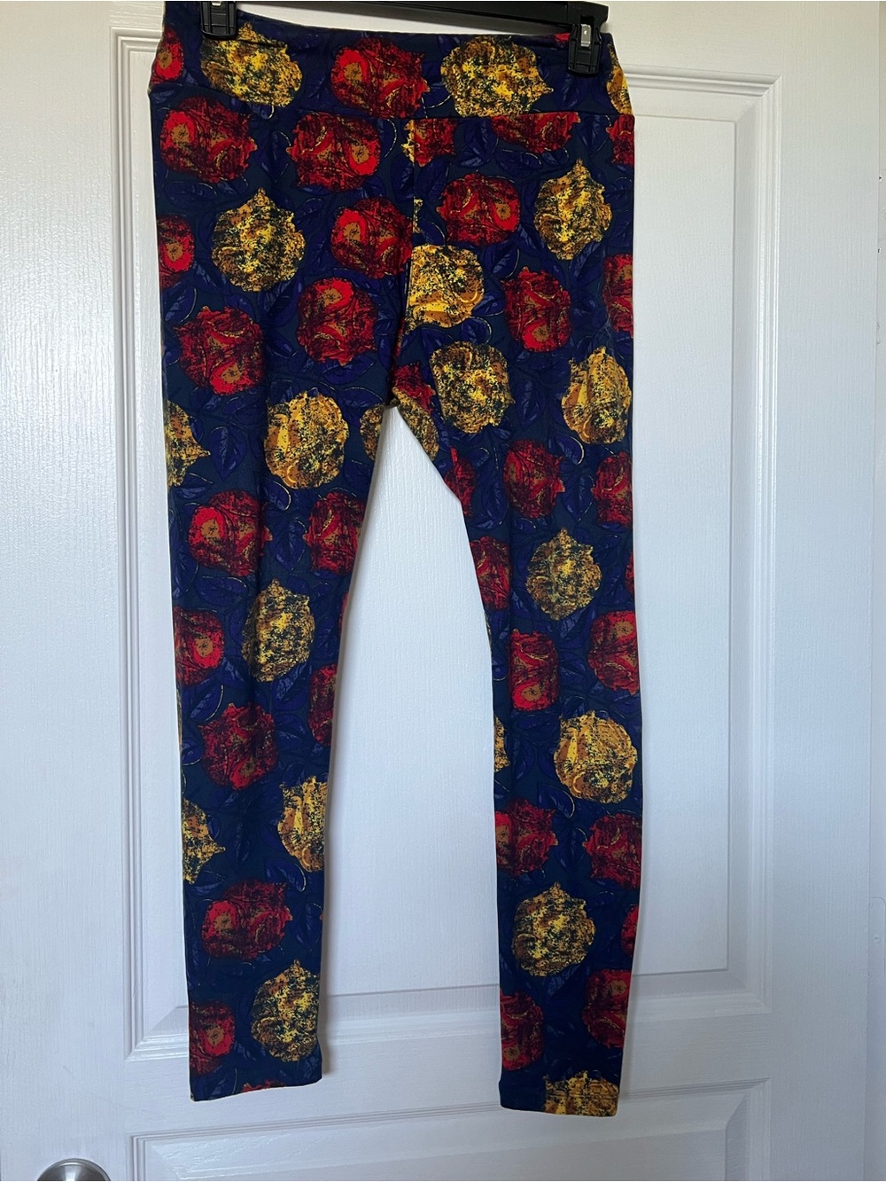 LuLaRoe Navy Leggings with Red & Yellow Floral Print